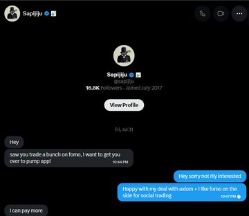 A Twitter/X direct message conversation with 'Sapijiju' (16.8K followers) discussing trading 'fomos' to pump an asset and offering payment for promotion.