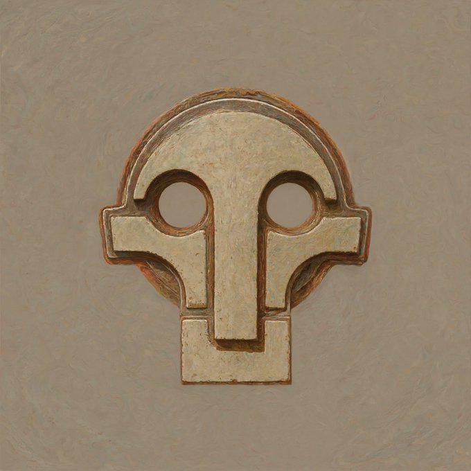A metallic, weathered emblem featuring a stylized design with two circular cutouts, set against a swirled beige background.