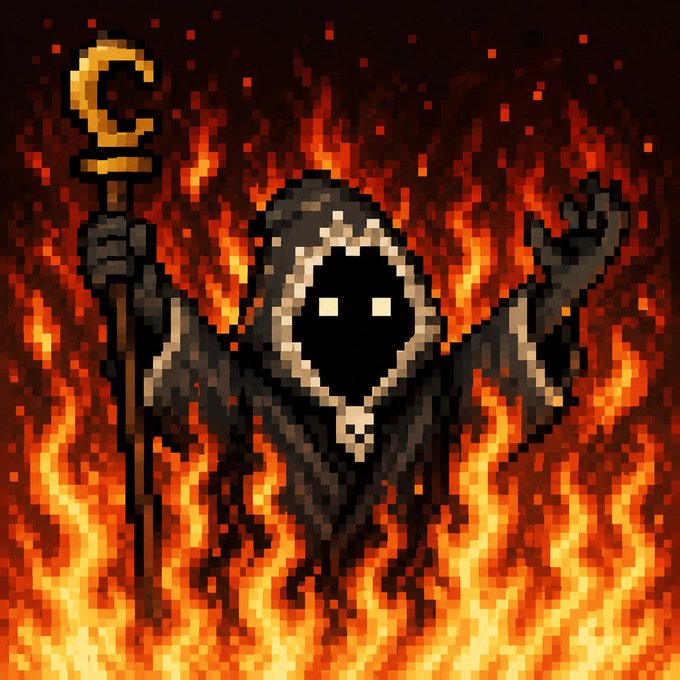 Pixel art of a dark hooded grim reaper figure with glowing white eyes, holding a staff with a crescent moon symbol, surrounded by flames.