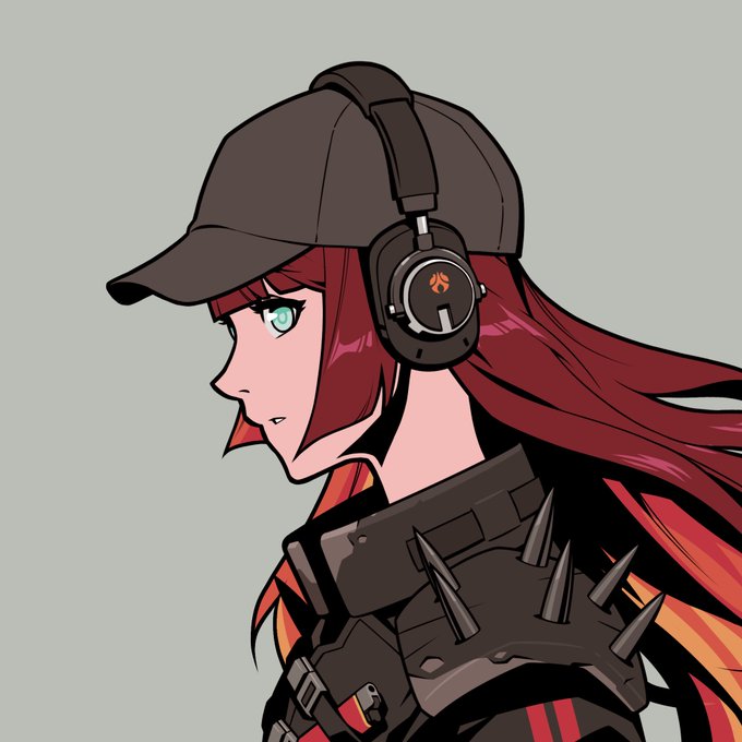 An anime-style character with red hair, a black cap, over-ear headphones, and a spiked shoulder pad stares off to the side with a bored or impatient expression. The "wen this?" caption fits perfectly with her deadpan, waiting-for-something look.