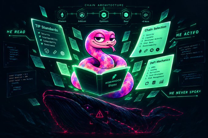 A stylized digital illustration of a pink and purple snake reading a book titled 'ROBINHOOD Slippy', surrounded by floating holographic screens labeled 'TiP Standards', 'Chain Selection', and 'DeFi Mechanics'.