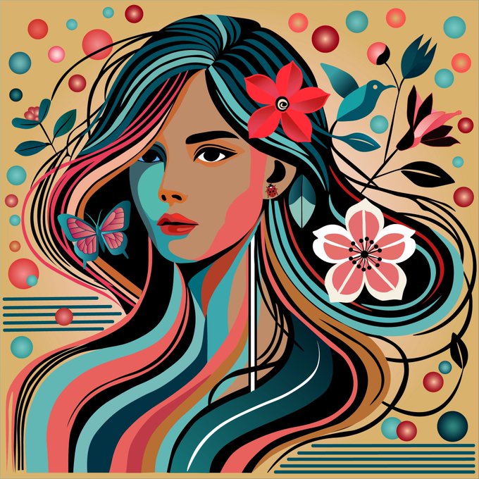 A stylized digital portrait features a woman with flowing multicolored hair adorned with a red flower, accompanied by a butterfly, a small bird, and blooming florals set against a warm background with decorative dots and stripes, conveying a vibrant and artistic mood fitting the cheerful "Happy Friday" sentiment.