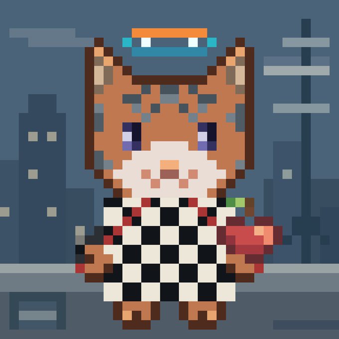 Pixel art depicts a cat character wearing a blue headband and a black and white checkered shirt, holding an apple in a city setting.