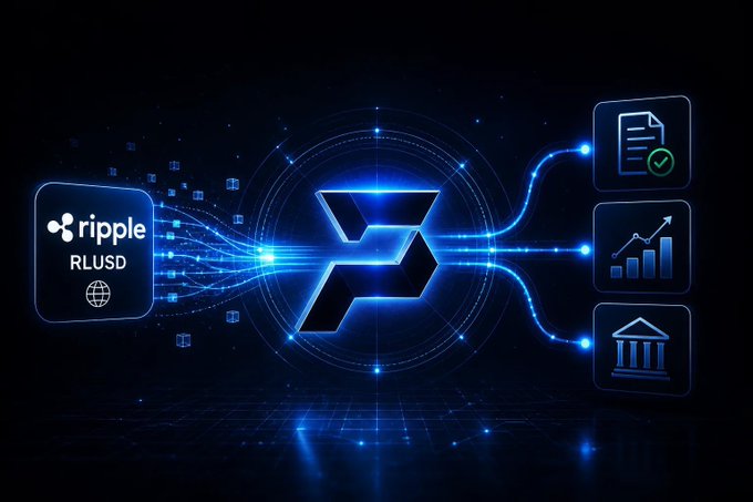 The image features a digital representation of Ripple's logo and its slogan "RLUSD" written in German. The logo consists of a blue circle with a white "P" inside, surrounded by blue lines that connect to other circles containing various symbols related to cryptocurrency and financial services. These symbols include a globe, a dollar sign, and a checkmark. The text "Platrion akzeptiert ab sofort RLUSD (Ripple USD)" is also present in the image.