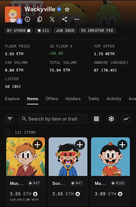 An NFT marketplace listing for the Wackyville collection, showing a floor price of 3.55 ETH, 111 items, and three cartoon character NFTs for sale.