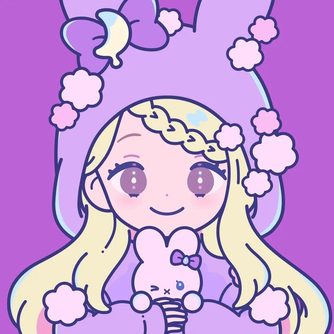 A pastel-colored illustration of a blonde girl with a braided headband and cloud-like hair accessories holding a small cloud-creature against a purple background.