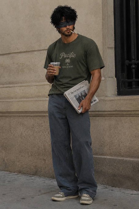 A man leans against a stone wall wearing a blindfold eye mask, a green 'PACIFIC SUN & SURF' t-shirt, loose blue jeans, and gray sneakers, while holding a coffee cup and a newspaper.