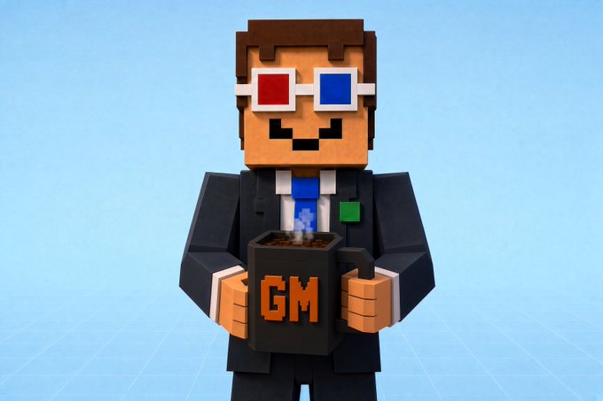 A 3D pixel-art style character wearing 3D glasses and a black suit, holding a steaming coffee mug that reads 'GM'.
