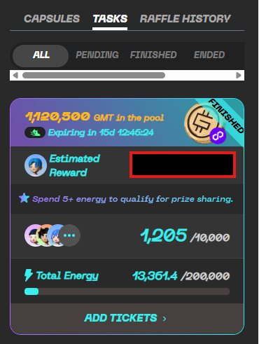 A mobile app interface shows a "TASKS" tab with 1,120,500 GMT in the pool, expiring in 15d 12:46:24, with 1,205/10,000 tickets and 13,361.4/200,000 total energy.