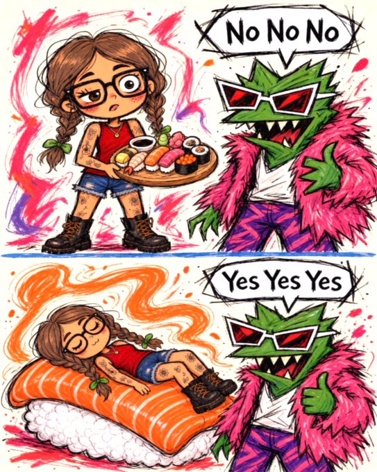 A two-panel cartoon illustration: the top panel shows a girl with glasses holding sushi as a green monster in a pink fur coat says 'No No No,' while the bottom panel shows the girl sleeping on a salmon pillow as the monster approves with 'Yes Yes Yes.'
