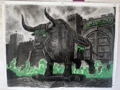 A dramatic charcoal drawing depicts a massive black bull with glowing green eyes charging through green flames in front of a dark castle, with "The Crypt" visible on the building to the right—reimagining the Trojan Horse myth as a fearsome bull for the $ANSEM IRL Art activation.