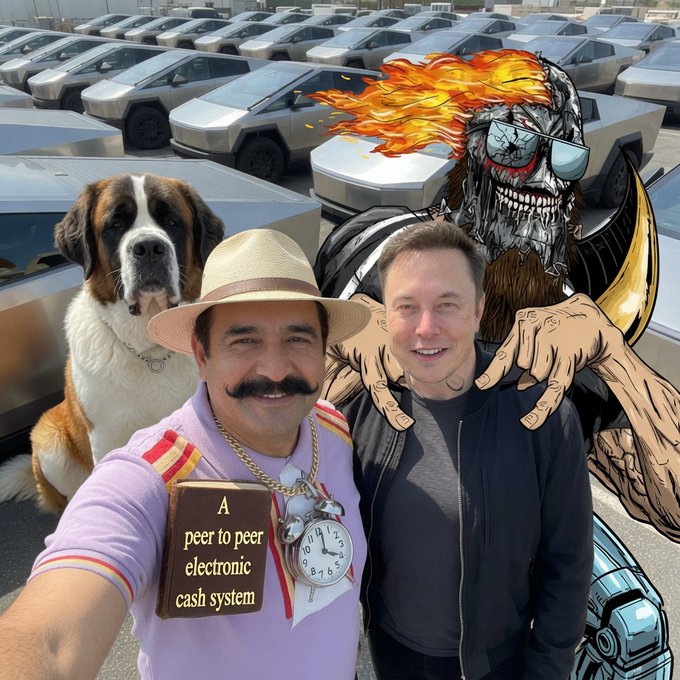 A humorous collage showing Elon Musk posing with a man wearing a straw hat, alongside a St. Bernard dog, a flaming skull character, and rows of Cybertrucks, with a sign reading 'A peer to peer electronic cash system'.