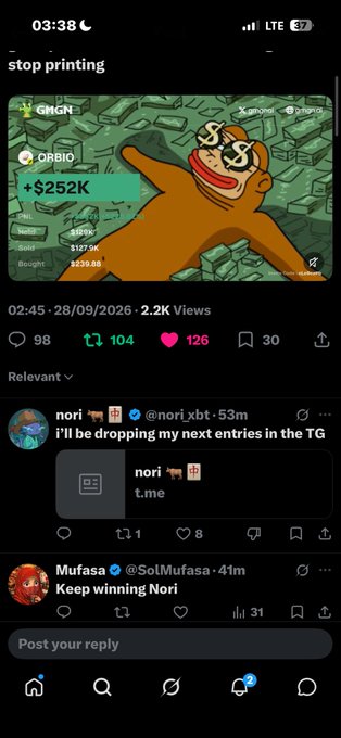 A mobile screenshot from a social media app showing a post titled 'stop printing' featuring an orange cat meme with money, where GMGN and ORBIO are mentioned with a +$252K gain, followed by comments from user nori and Mufasa.