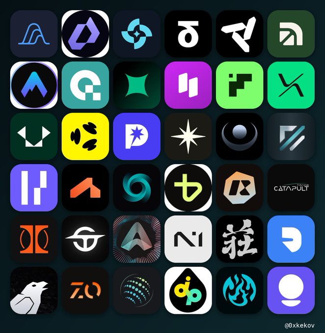 A grid of 36 colorful, minimalist app icons with various abstract shapes and logos on dark backgrounds, watermarked with '@xkekov' in the bottom right corner.