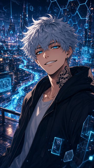 An anime-style illustration of a smiling young man with white hair, blue eyes, and skull tattoos, wearing a black hoodie against a futuristic, neon-blue cityscape.