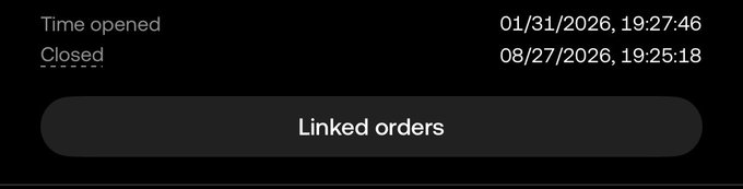 The image shows a trading interface displaying "Time opened: 01/31/2026, 19:27:46" and "Closed: 08/27/2026, 19:25:18" with a "Linked orders" button, confirming the user's post about closing a long position on Solana roughly 7 months after opening it at a higher entry price.