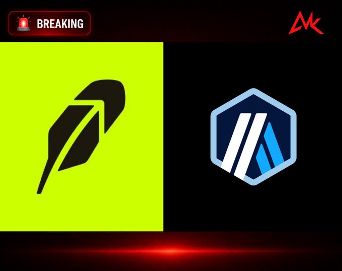 A breaking news graphic shows two cryptocurrency logos on green and black backgrounds, with a 'BREAKING' alert banner.