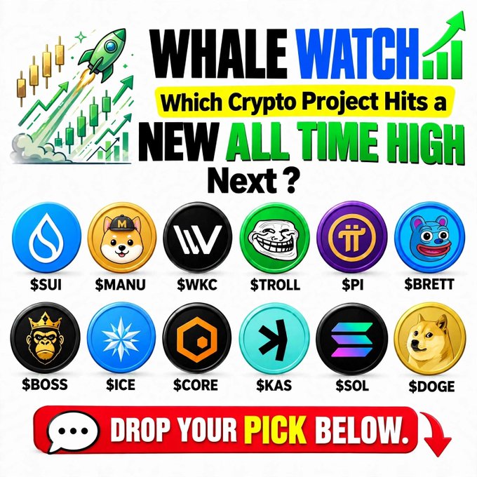 A promotional graphic for "WHALE WATCH" asking "Which Crypto Project Hits a NEW ALL TIME HIGH Next?" displaying logos for $SUI, $MANU, $WKC, $TROLL, $PI, $BRETT, $BOSS, $ICE, $CORE, $KAS, $SOL, and $DOGE with the text "DROP YOUR PICK BELOW".