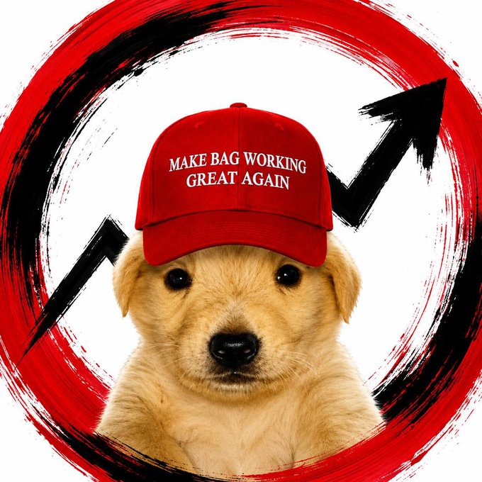 A cute golden retriever puppy wears a red "MAKE BAG WORKING GREAT AGAIN" cap, set against a striking red and black brushstroke circle with upward arrows symbolizing bullish market momentum—fitting inspiration for a "Gm gm" crypto trading greeting.