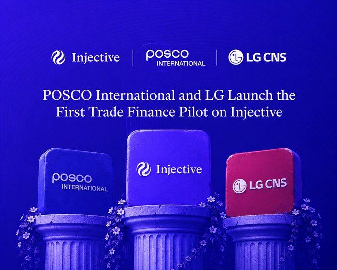 A promotional graphic for Injective, POSCO International, and LG CNS, titled 'POSCO International and LG Launch the First Trade Finance Pilot on Injective'.