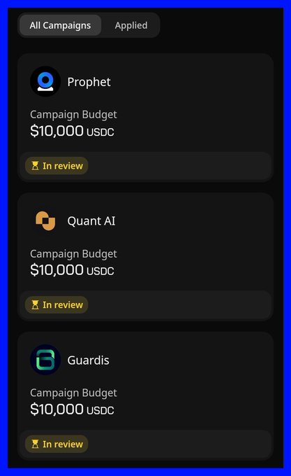 The image shows a phone screen displaying three different campaign budgets with their respective app names. The first budget has a name "Campaign Budget" and an icon of a book, while the second budget has a name "Guardris" and an icon of a shield. The third budget is named "Campaign Budgets" and features an icon of a shield as well. The post suggests that there are three new campaigns going live soon on Wallchain, and encourages users to apply for them if they're qualified.