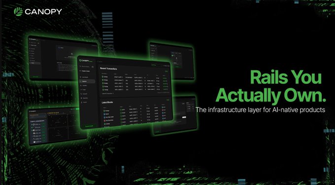A promotional banner for Canopy with the text 'Rails You Actually Own. The infrastructure layer for AI-native products,' displayed alongside screenshots of their network monitoring dashboards.