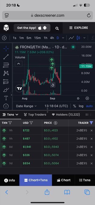 Screenshot of dexscreener.com showing the FRONG/ETH token chart with a 208.02% price increase and recent transactions.