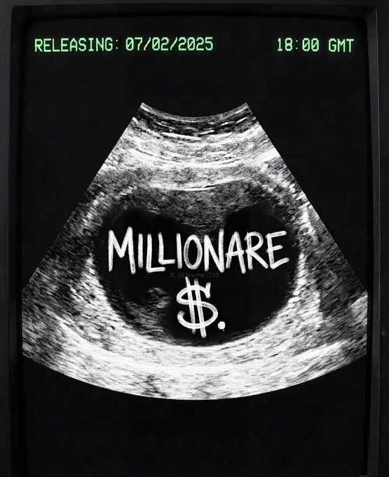 A vintage-styled ultrasound image displays the text "MILLIONARE" with a dollar sign ($) in the center, with "RELEASING: 07/02/2025" and "18:00 GMT" timestamped at the top, visually representing the "Net worth loading" message as if awaiting the arrival of a millionaire.