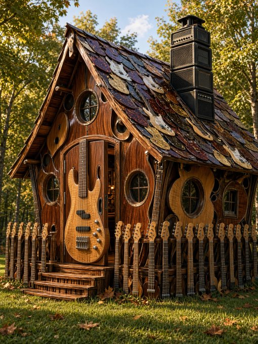 A whimsical wooden cabin in a forest, creatively constructed with guitar shapes for the door and roof shingles resembling vinyl records, surrounded by a fence of guitar necks.