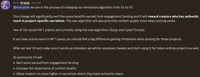 A Discord message from 'Nox @IRON' announces the change of their mindshare algorithm from V2 to V3, detailing new scoring benefits and priorities.