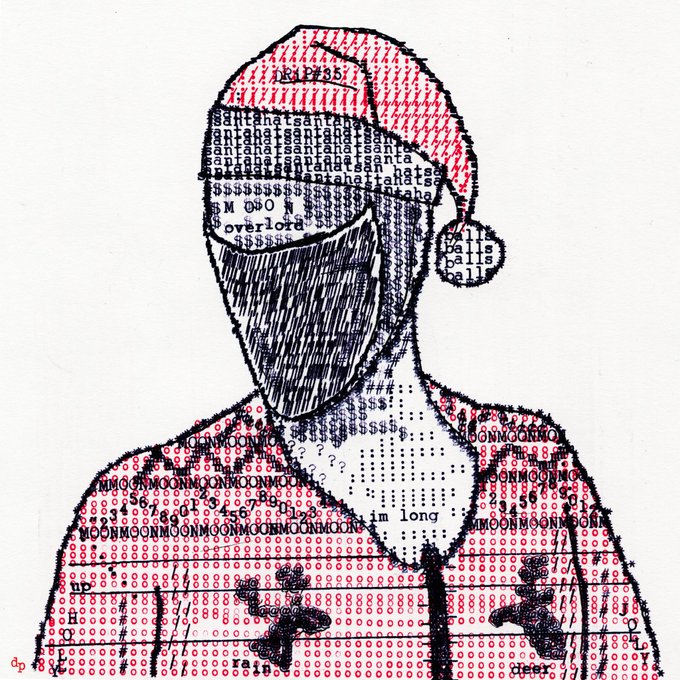 ASCII art illustration of a person wearing a Santa hat, face mask, and Christmas-themed sweater made from text characters.