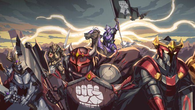 A diverse army of armored warriors bearing a flag marked with a fist symbol rallies together, visually echoing the post's message about strength found in collective networks rather than individual insight. The unified banner of solidarity reflects how community connections in Web3 become a quiet competitive advantage—knowledge flows not from single sources of "alpha," but from the trusted relationships within one's circle.