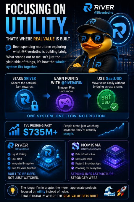 The main focus of this image is a cartoon duck wearing sunglasses standing next to a cityscape with a building. Below, there is text detailing a series of projects being completed at RiverdotInc that involve Bitcoin mining. The duck appears to be actively engaged in various activities related to these projects such as checking out the system, using it for transactions or even testing its usability. In addition to this, the image also includes information about the cryptocurrency markets and how to use them effectively.