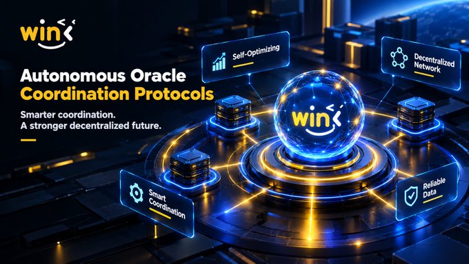 A promotional graphic for Wink featuring a glowing blue sphere surrounded by server nodes, advertising 'Autonomous Oracle Coordination Protocols' with features like Self-Optimizing, Decentralized Network, Smart Coordination, and Reliable Data.