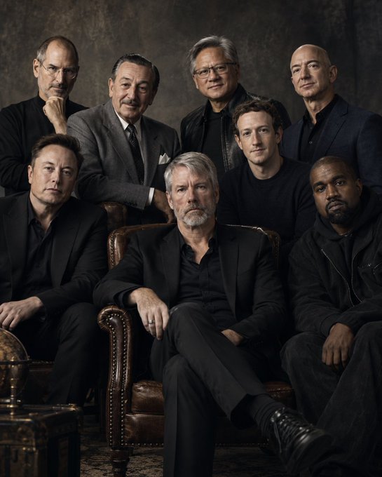 A group portrait of seven tech industry leaders seated together in formal black attire against a dark background, including Elon Musk, Mark Zuckerberg, Tim Cook, and Jeff Bezos.