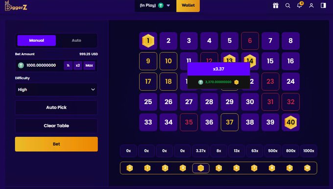 A screenshot of the BiggZ online crypto roulette game showing a betting grid numbered 1-40 with active bets on various numbers, difficulty set to High, and a bet amount of $1000.
