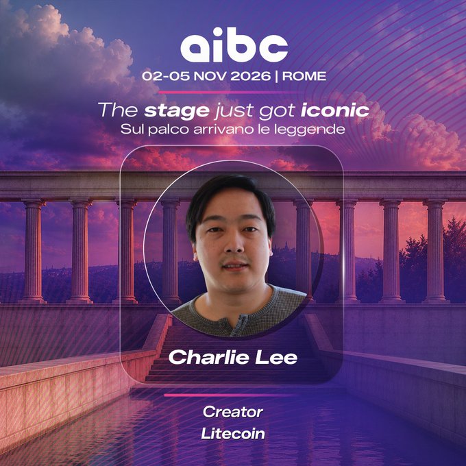 AIBC Rome conference promotion (02-05 Nov 2026) featuring speaker Charlie Lee, Creator of Litecoin, shown in a circular frame against a classical Roman architectural backdrop with pink and purple clouds.