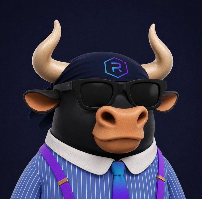 A 3D-rendered bull mascot wearing sunglasses, a bandana with the Raydium logo ("R"), a pinstripe shirt, purple suspenders, and a blue tie embodies the "feeling bullish" sentiment, fitting for Raydium's bullish market outlook.