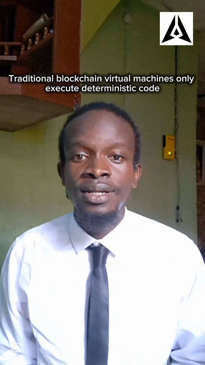 The image features a man wearing a white shirt and tie standing against a green wall with a yellow telephone hanging from the ceiling. The man appears to be smiling, possibly posing for a photo or video. The caption of the image reads "Traditional VMs execute fixed logic. @GenLayer virtual machine introduces something different: AI calls, internet access, nondeterministic execution, and reasoning-based outputs inside smart contracts". This suggests that the man is talking about a new type of virtual machine called a Gen Layer, which uses artificial intelligence to make decisions based on inputs from the user or other sources. The Gen Layer virtual machine has been introduced by @RuzgarFlns, an AI developer who aims to revolutionize the way we interact with technology and create more intelligent systems.