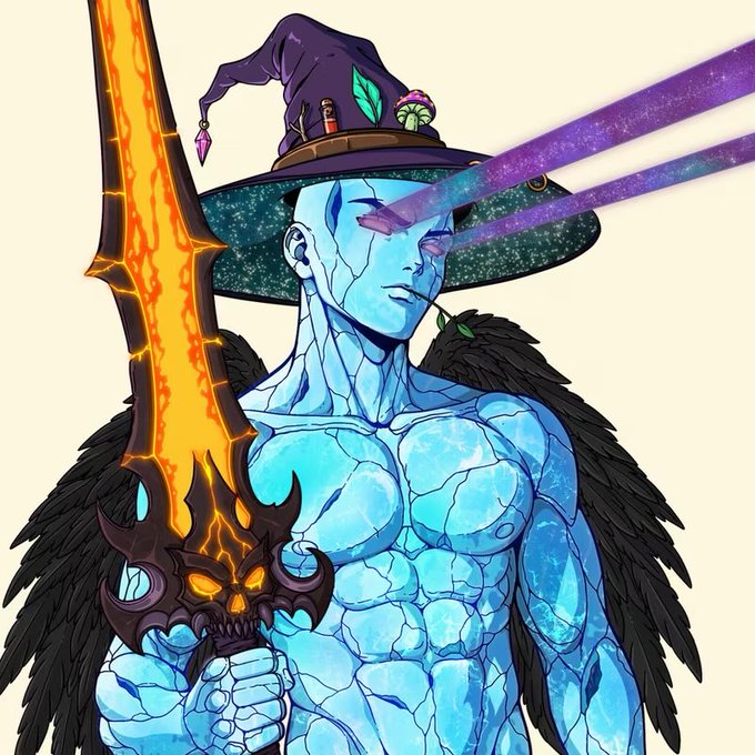 The image depicts a striking blue-skinned, muscular figure with feathered shoulders, wielding a fiery demonic sword and shooting purple beams from its eyes, wearing a wizard hat adorned with mystical trinkets—a whimsical, otherworldly avatar fitting the "wizzy Wednesday" theme of the post teasing an upcoming Twitter Space.