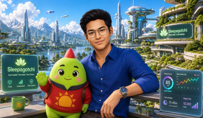 An AI-generated image showing a man and a green mascot character alongside 'Sleepagotchi' app interfaces displaying sleep tracking data and stats.