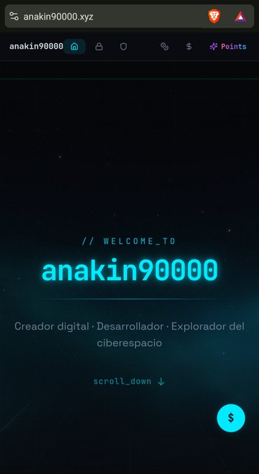 A screenshot of a personal portfolio website 'anakin90000.xyz' welcoming visitors with the description 'Creador digital · Desarrollador · Explorador del ciberespacio'.