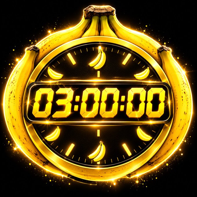 Digital countdown timer displaying '03:00:00' with a stylized banana-themed clock face design on a dark background.