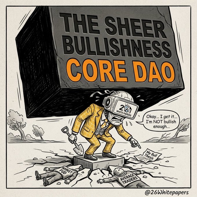 A cartoon meme illustration titled 'THE SHEER BULLISHNESS CORE DAO' showing a sweating figure in a yellow suit with a TV head displaying '2 Whitepapers', saying 'Okay.. I get it.. I'm NOT bullish enough...' while standing over fallen 'Market FUD' and 'Average Traders' figures.