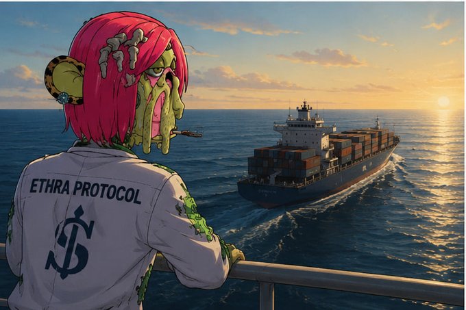 An anime-style illustration of a zombie-like character with pink hair wearing a jacket labeled 'ETHRA PROTOCOL' with an anchor logo, watching a large container ship sail across the ocean at sunset.