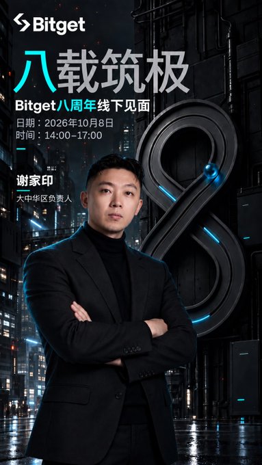 A Bitget promotional poster for their 8th anniversary offline meetup on October 8, 2026, featuring a man in a suit and a large metallic '8' against a city backdrop.