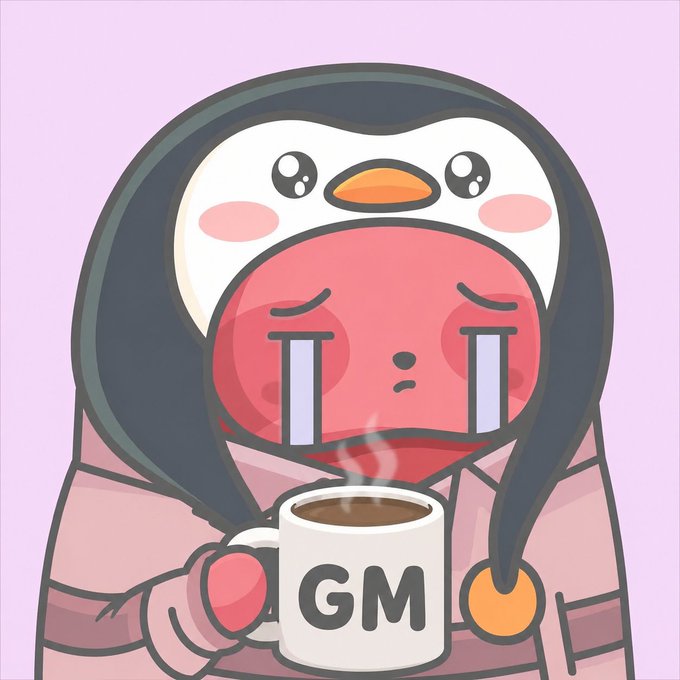 A cute cartoon illustration of a sad, crying red character wrapped in a penguin-shaped hooded blanket, holding a steaming mug that says "GM" on a light purple background.