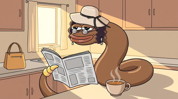 A digital illustration of an anthropomorphic snake character wearing a sun hat and glasses, reading a newspaper while enjoying a cup of coffee in a sunlit kitchen.