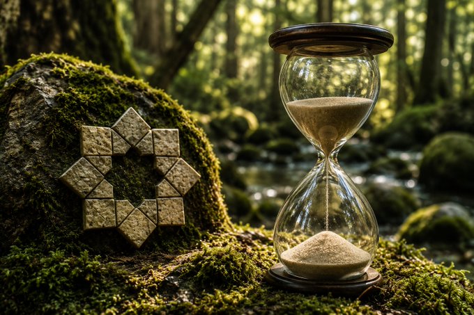 A golden Bitcoin emblem carved into a mossy rock beside an hourglass filled with sand in a serene forest setting, symbolizing the passage of time in crypto.