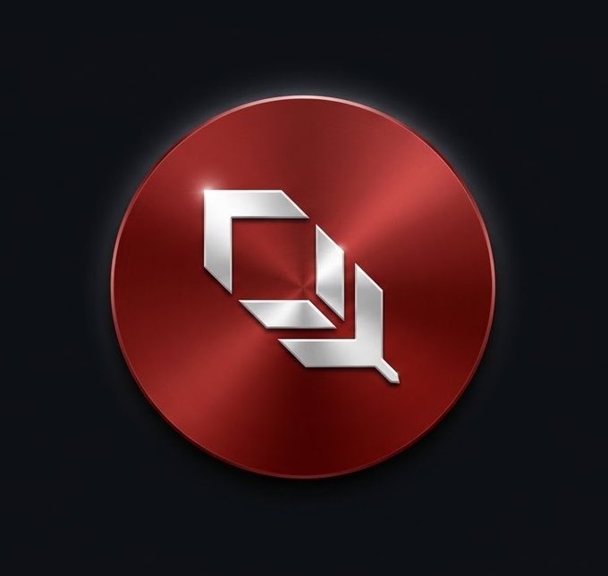 A red circular emblem with a metallic silver geometric letter 'Q' design displayed against a dark setting.